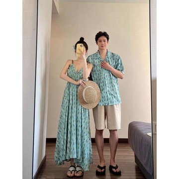 限時加碼回饋🎊情侶裝夏季短袖襯衫海邊度假沙灘長裙法式v領吊帶連衣裙一衣一裙Y6GW