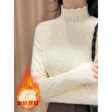 加絨磨毛蕾絲打底衫女秋冬洋氣內搭別致漂亮小衫加厚高領網紗上衣