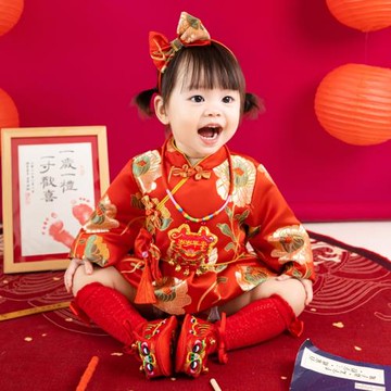 周歲禮服女寶寶秋季紅色喜慶女童抓周服兒童唐裝中式中國風包屁服