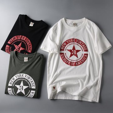 全棉水洗阿美咔嘰五角量印花男士夏季圓領卡通休閑透氣短袖T恤