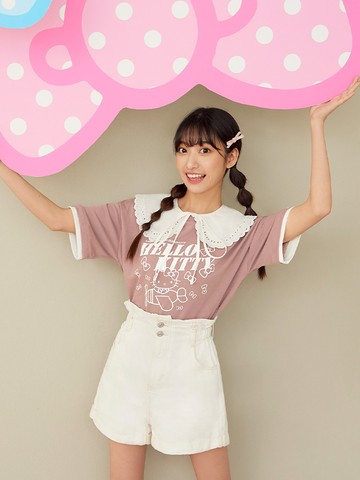 KITTY 蝴蝶結．假兩件撞色拼接短TEE