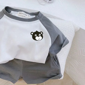 🎀biubiu童裝🎀兒童套裝2023新款韓國寬松卡通純棉男女寶寶時尚短袖+短褲兩件套