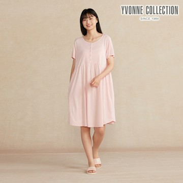 YVONNE 以旺傢飾 半開襟短袖洋裝-貝殼粉
