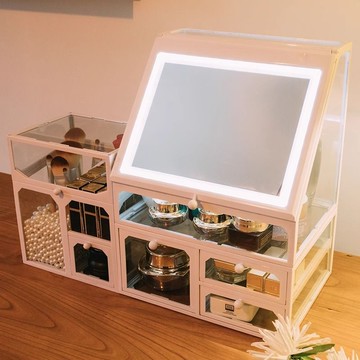 網紅玻璃化妝品防塵抽屜收納盒帶鏡子簡約桌面護膚品整理盒置物架 z8092