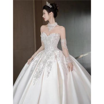 抹胸緞面婚紗新娘2025新款孕婦法式在逃公主高級感小個子長拖尾輕