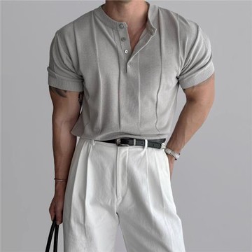 瓦楞亨利領修身針織短袖T恤男士夏季新款輕熟風商務通勤百搭體恤