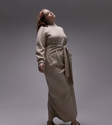 Topshop Curve jersey midi jumper dress with tie waist in beige-Neutral