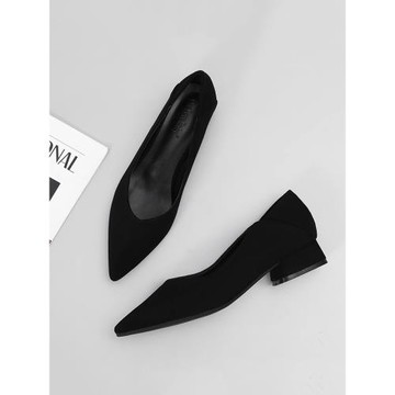 香港3CM低跟單鞋女2025新款尖頭舒適粗跟黑色小跟面試工作鞋平底