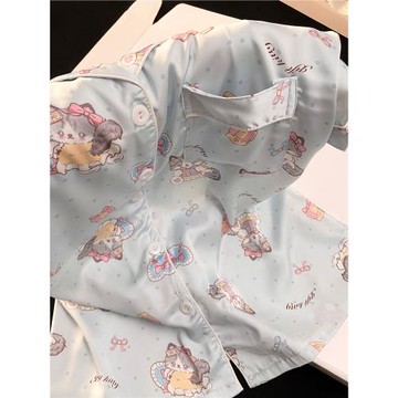 藍色哈基米冰絲睡衣女夏季新款短袖短褲卡通可愛高級感家居服套裝