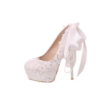 白色蕾絲新娘鞋圓頭12cm14cm細跟婚鞋蝴蝶結超高跟女單鞋