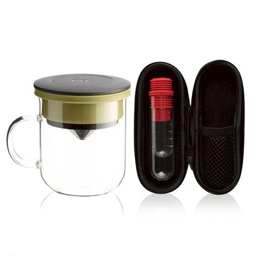 PO:Selected｜丹麥咖啡泡茶兩件組 (咖啡玻璃杯350ml-黑綠/試管茶格-紅)