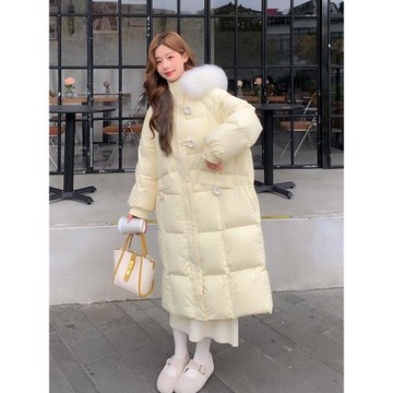 黃色連帽加厚羽絨服女2025冬季新款韓版寬松顯瘦長款90白鴨絨外套