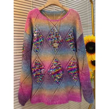 漸變七彩亮片彩虹毛衣女春季2025新款設計感氣質顯瘦百搭針織上衣