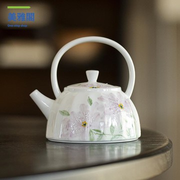 墨己 玉泥白瓷手繪有田燒瓜棱提梁壺 功夫茶具 球孔過濾家用陶瓷茶壺 myg8021