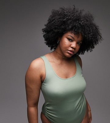 Topshop Curve rib scoop back swimsuit in khaki-Green