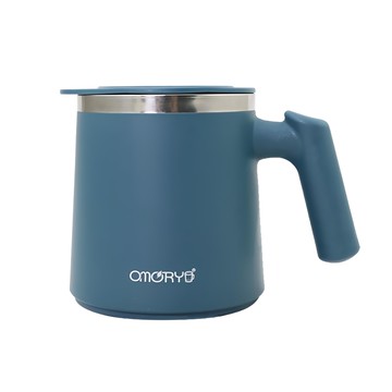 OMORY 304寬底獨享把手杯 304不鏽鋼內膽 8.5cm大杯口 附杯蓋防塵、湯匙 420ml  靛藍色  1個
