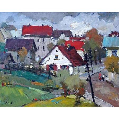 At Kandava city 1958, oil on canvas, 47x58 cm Nikolajs Petraskevics Fine art Original Artwork Landscape Houses Rural Town Trees 1950s