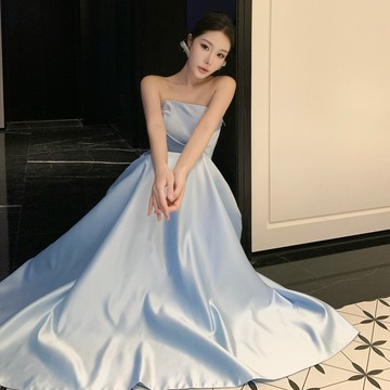 軟緞晨袍敬酒服抹胸禮服裙輕奢簡約生日宴會畢業成人禮裙新娘訂婚領證