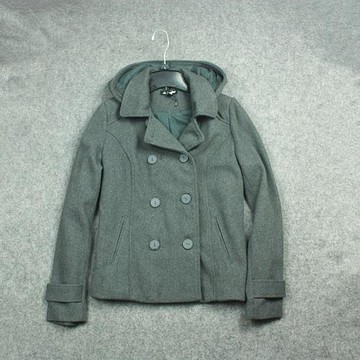 外貿原單出口歐美女士春秋季雙排扣學院風休閑帶帽毛呢短外套大碼