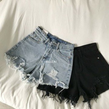 牛仔短褲 夏日美式小性感高腰短褲 磨破爛毛邊女顯瘦百搭乞丐熱褲【不二雜貨】