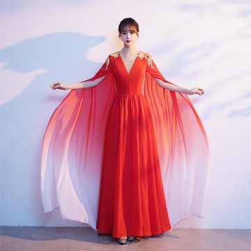 古箏二胡演出服大合唱演奏舞臺服裝新款主持人紅色晚禮服顯瘦長裙