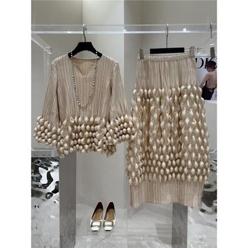 2025春夏立體泡泡v領氣質優雅女褶皺大擺褲裙女生日禮品套裝禮物