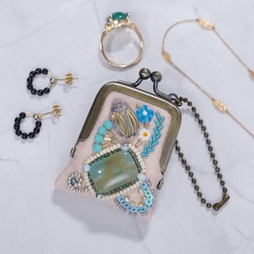 細緻珠飾刺繡零錢包 No.98 櫻花粉 × 紗布 可作項鍊・包包吊飾 飾品收納盒