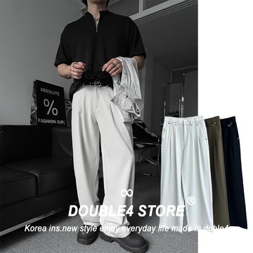 【DOUBLE4】寬版西裝長褲 素面 挺版 顯腿長 抗皺 質感銀釦 輕熟 韓系 落地 寬褲 WK7307
