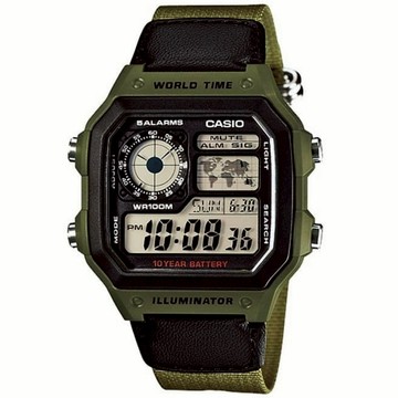 CASIO 卡西歐 10年電力 多功能軍風電子錶-軍綠 AE-1200WHB-3B