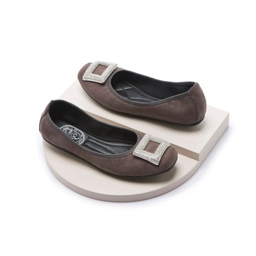 【新品】我的旅行日記  輕奢方釦水鑽平底娃娃鞋  灰 (503000)