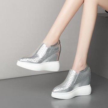 12CM厚底內增高女鞋春夏季新款真皮鏤空松糕鞋超高跟尖頭銀色單鞋