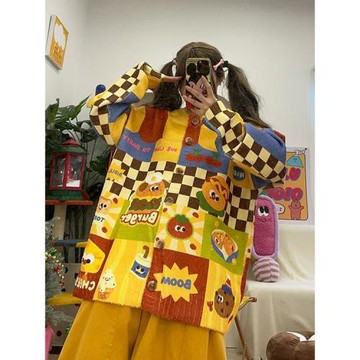 BIBULU自制 復古彩色漢堡小狗印花寬松大碼開衫毛衣外套上衣秋冬