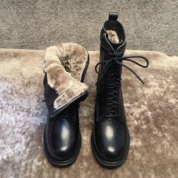 羊皮毛一體馬丁靴女冬季加絨粗跟高跟短靴大棉鞋網紅雪地靴女加厚