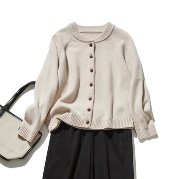 簡約設計，長久愛用 羊毛開襟衫 100%羊毛 米色 241029-1