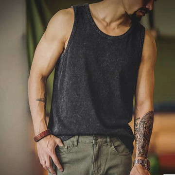 Wuluwear 美式復古水洗做舊背心男夏季新款純棉寬鬆無袖t恤硬漢風外穿無袖