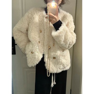 小香風仿羊羔毛外套女冬深圳歐貨皮草海寧毛茸茸上衣白色派克棉服