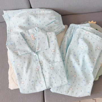 可愛碎花小兔雲朵棉紗睡衣三件套 夏季新款短袖短褲長褲套裝 家居服 韓系睡衣 寬鬆舒適居家服 女士睡衣 學生睡衣