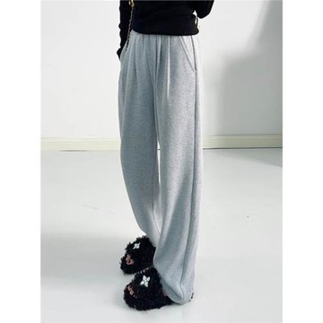 螺紋休閑褲松緊寬腰顯瘦高腰口袋寬松春秋加絨豎條衛褲直筒女長褲