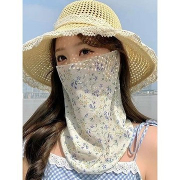 夏季全臉防曬面罩女開車騎行防陽光碎花圍脖面紗口罩護頸遮陽脖套
