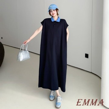 設計感翻領撞色無袖洋裝 胖MM特大碼150公斤寬鬆遮肚顯瘦T卹長裙 夏季洋裝 長版洋裝 寬鬆洋裝 韓國連衣裙  韓版洋裝