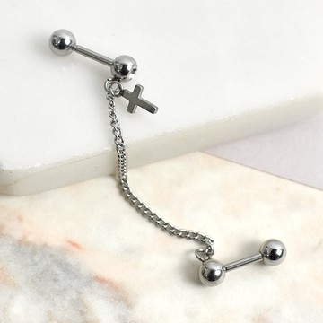 男生耳環 鍊條十字架鋼製水鑽雙耳針【ND845】