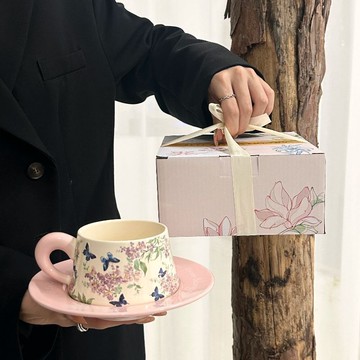 ??快速出貨?? 公司貨 復古高顏值紫薇花咖啡杯碟套裝下午茶拿鐵陶瓷杯禮盒裝女生伴手禮