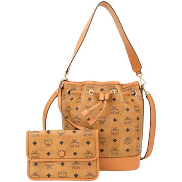 MCM Visetos 中型 塗層老花拼皮革手提/斜背水桶包(干邑棕)