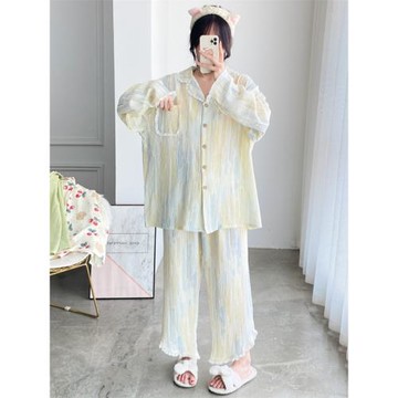 長袖長褲純棉雙層紗布花邊開衫睡衣女加大碼胖mm200斤寬松家居服