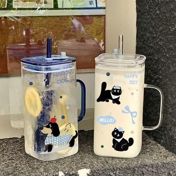 臺灣熱賣⚡夏季杯子 吸管杯 2025新款超大容量玻璃杯學生高顏值ins水杯家用耐高溫帶把手杯子水杯