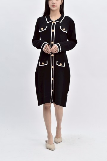 (S) karl lagerfeld質感針織長袖假排扣黑色洋裝