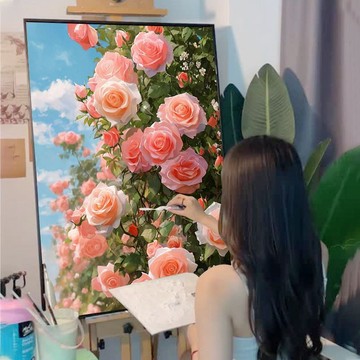 特價🌞粉色玫瑰數字油畵diy 填充畵畵花手工打髮時間2025新款塗色數學油diy手繪 居家裝飾數字油畵 填充塗色漫畵裝飾