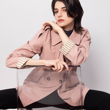 【Icare】皮粉色拼接抽繩長版風衣外套(F) | 女風衣 女外套 長版