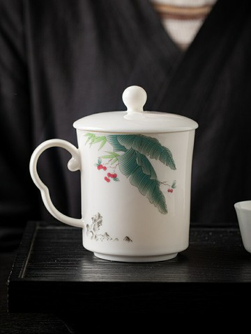 泡茶杯茶水分離馬克陶瓷杯 羊脂玉白瓷會議杯茶杯辦公杯陶瓷水杯定制刻字大容量帶蓋子馬克杯