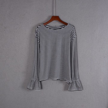 春秋季女裝寬松通勤文藝長袖條紋系帶針織衫T恤打底衫